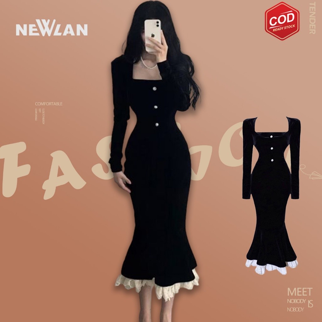 BAROSHOP Newlan QZ064 Seksi Dress Gaun Lengan Panjang Wanita Atasan Bodycon Malam Dress Party Wanita