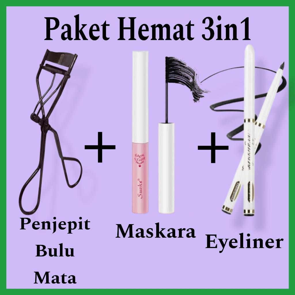 PROMO COD/PAKET 3PCS Maskara + Eyeliner + Penjepit Bulu Mata MURAH WATERPROOF MASKARA- EYELINER YOUN