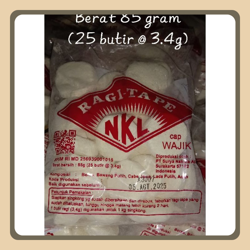 

RAGI TAPE NKL BERAT 85 GRAM ( ISI 25 BUTIR @ 3.4G)
