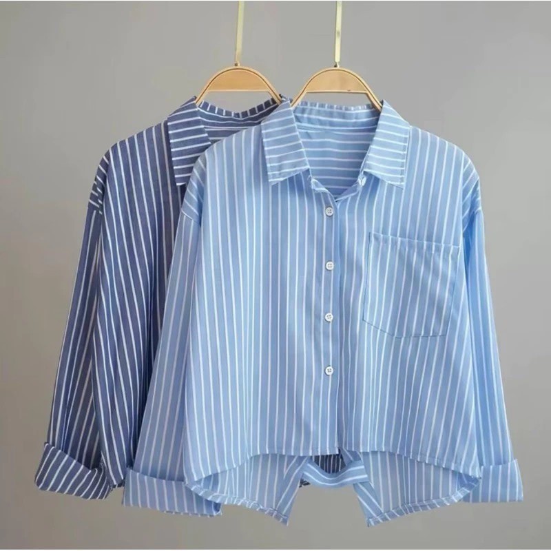 Shopping - ZJD KEMEJA SANTI CROP / CHASIE Top Kemeja Salur Lengan Panjang / Kemeja Crop Salur Wanita