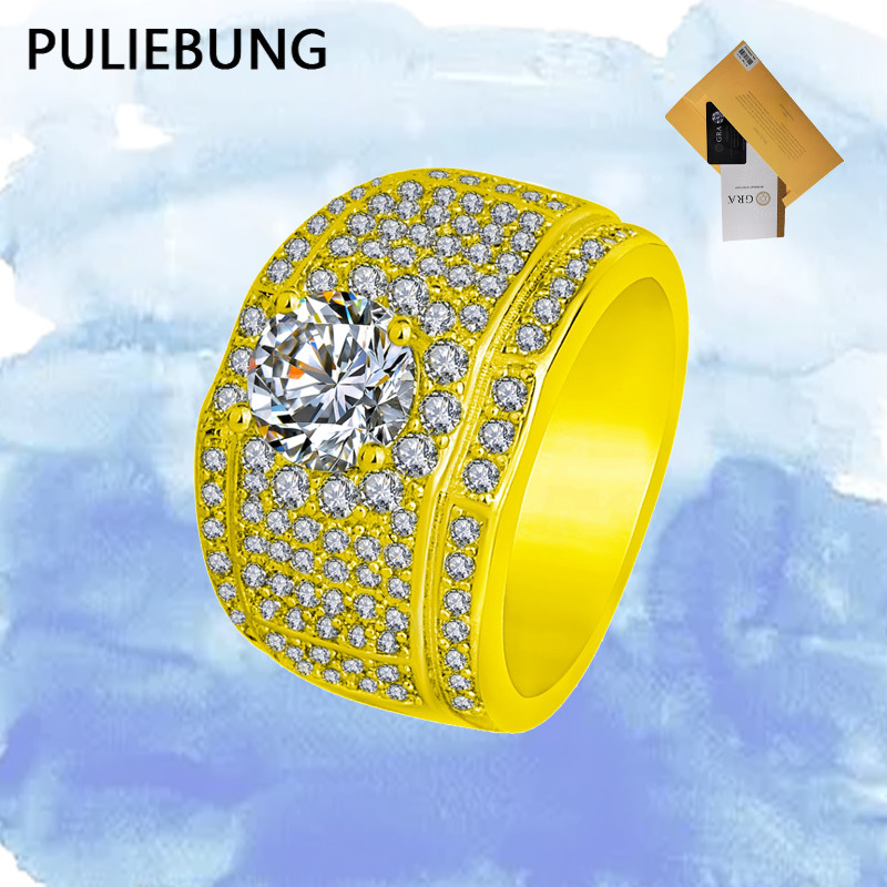 PULIEBUNG - Cincin Pria Moissanite Cluster Berlapis Emas Mewah