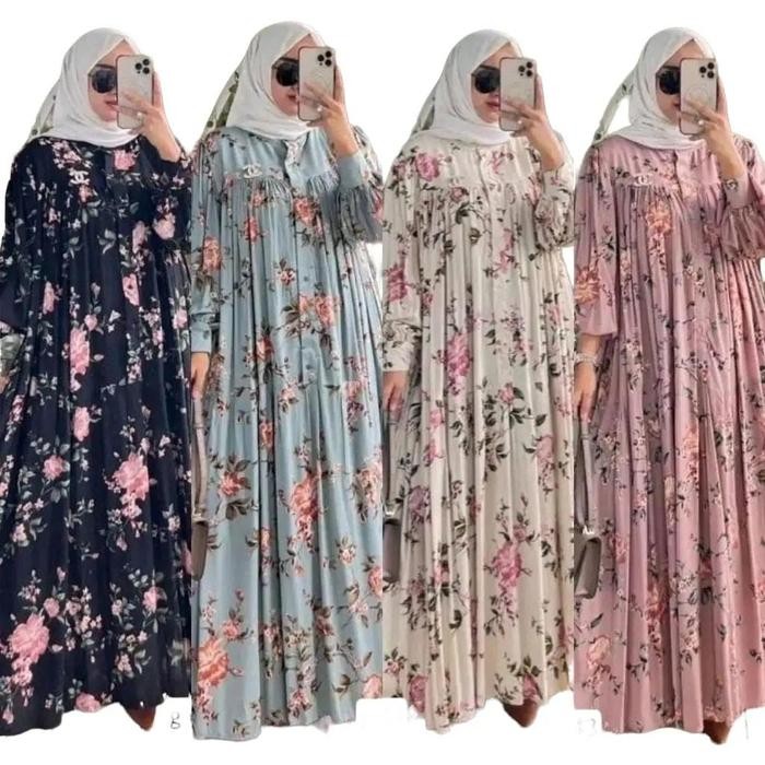 Zaskia Dress Gamis Rayon Diamond Kain Katun Premium Bunga Aloora Sakura Motif Terbaru Kekinian Canti