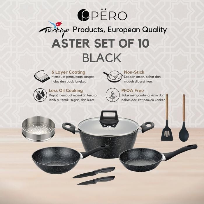 Pero Aster Granite Cookware Set of 10 Wokpan 24cm, Casserole 24cm, Frypan 18cm / Wajan Set Panci Pen