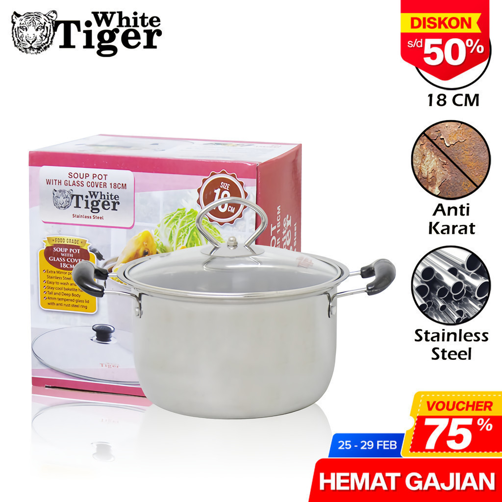 White Tiger 555 Panci Masak Dengan Tutup Kaca Diameter 18 CM Sauce Pot With Glass Cover Stainless St