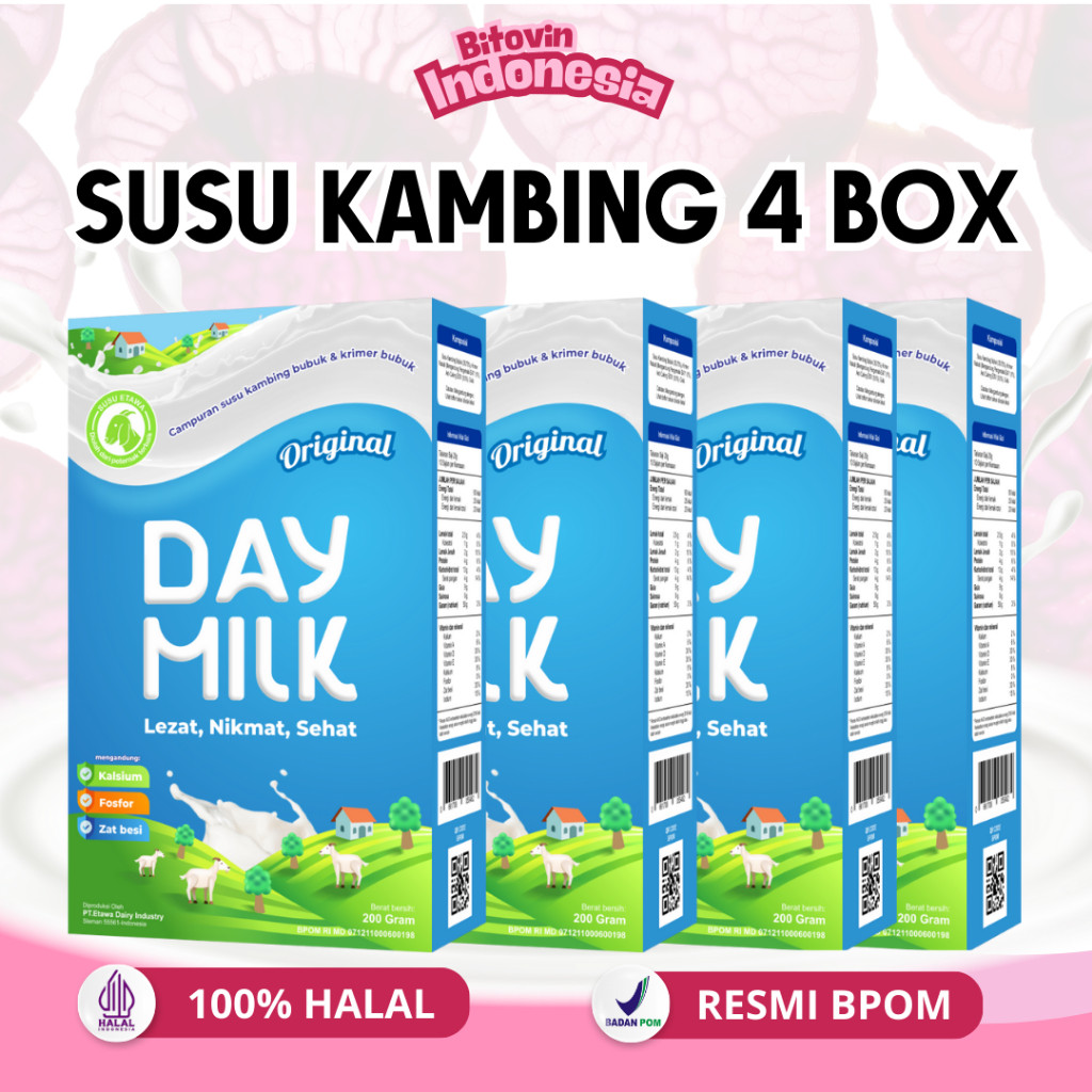 

SUSU ETAWA DAYMILK - 100% ORI - PAKET 4 BOX - Mengatasi Nyeri Sendi Dan Tulang - Asam Urat - Lambung Gerd - Hipertensi - Kolesterol - Paru Paru - Sendi - Baik Untuk Asma - Paru Paru Kotor - Bpom - NKV - Bisa Cod - Netto 200gr