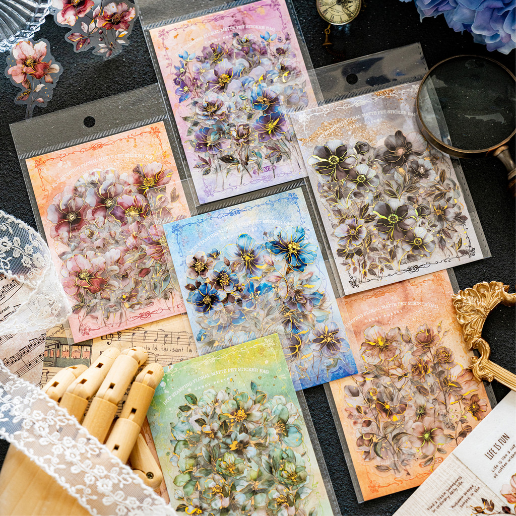

20pcs/pack dark style hot stamping flower matte PET stickers DIY scrapbook decoration diary album aesthetic stationery
