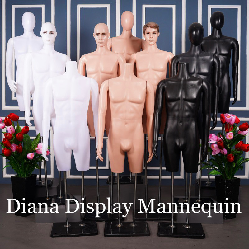 PATUNG MANEKIN BAJU BODYFIT PRIA DEWASA SETENGAH BADAN DENGAN KEPALA DAN TANGAN PLASTIK SET TIANG BE
