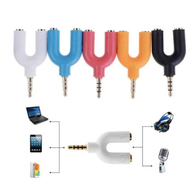 Splitter Audio U Shape 3.5mm Jack Headphone & Mic | 2 Port Adaptor Stereo Earphone Mikrofon Gold-Pla