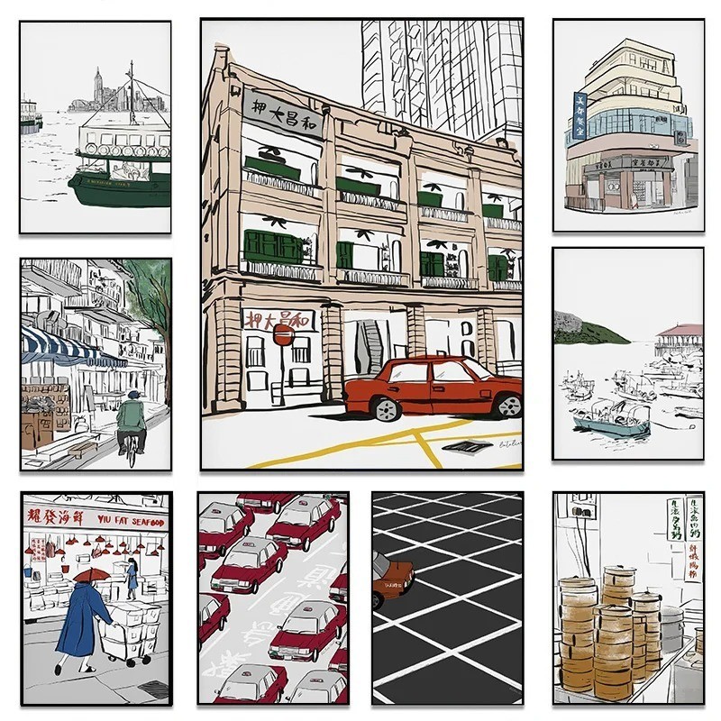 

Watercolor Nostalgic Hong Kong Street Scenery City Travel Illustration Poster Canvas Painting Wall Art Pictures Home Decor
