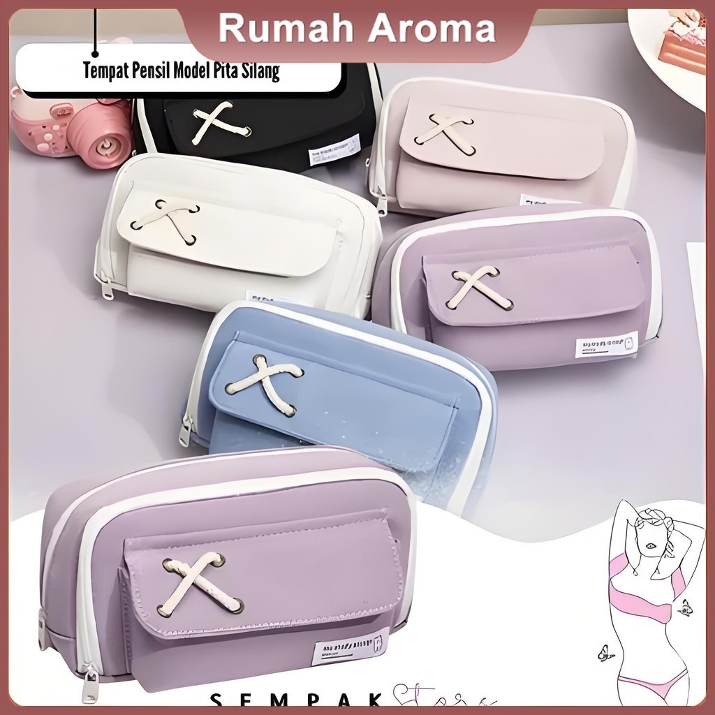 

Tempat Pensil Model Pita Silang Kotak Pensil Tali Rami Ritsleting Ganda Bahan Kanvas Pouch Tempat Alat Tulis Perlengkapan Sekolah Kantor Dua Sisi Resleting