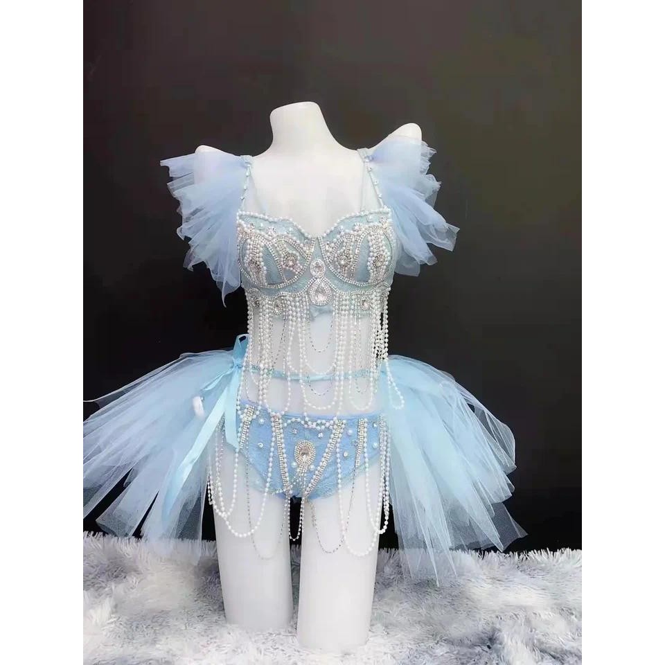 Sexy Female Pearl Rhinestones Bra Shorts Blue Set Bar Nightclub Beading Tassels Bikini Pole Dance Sh