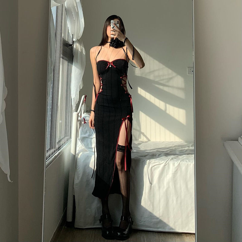 SHEING Dress TankTop Panjang Wanita  Eropa Amerika seksi kontras pinggul ramping tipis Maxi Dress Lo