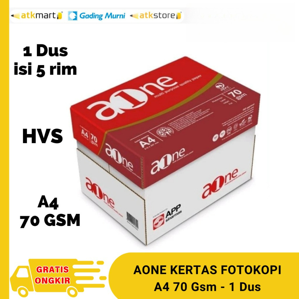 

AONE KERTAS A4 70 GSM HVS Print KERTAS FOTOCOPY - 1 DUS ( 5 RIM )