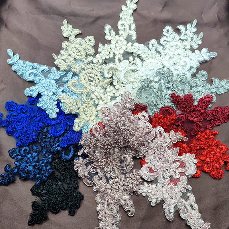 

Lace Applique Sew on Patch Fabric 1Pair Embroidery Flower Exquisite Trim Patches Crafts Stickers Bag Gown Decoration Wholesale