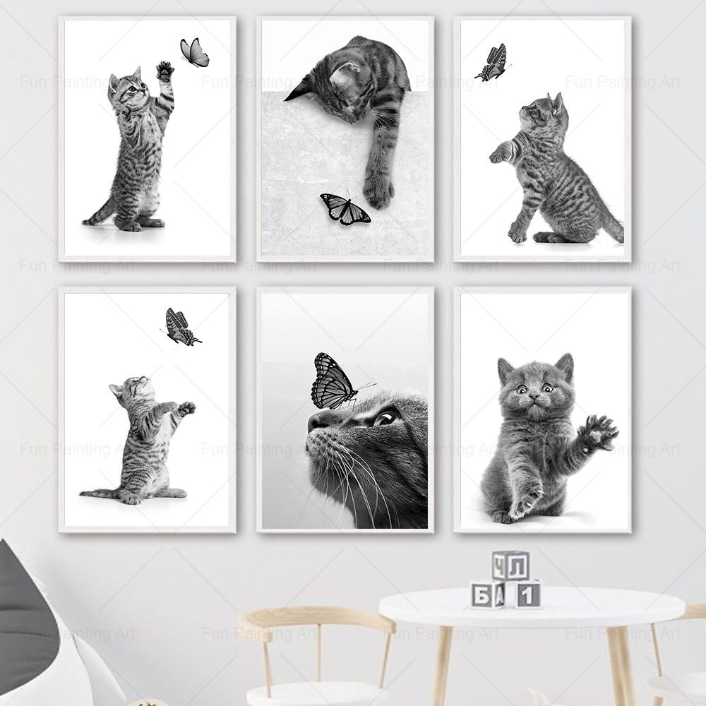 

Black White Cute Cat Butterfly Funny Animal Pet Art Canvas Painting Nordic Posters And Prints Wall Picture For Living Room Decor