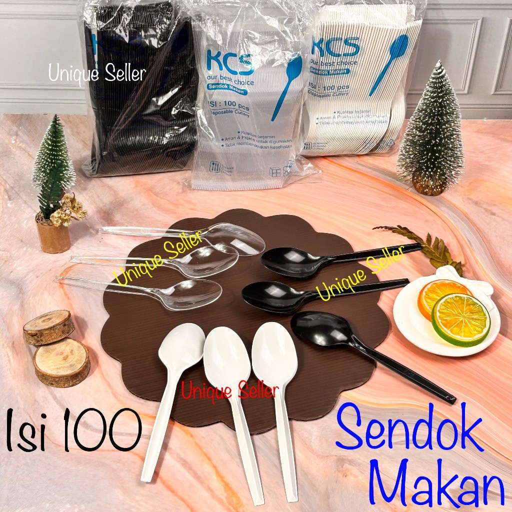 [Isi100] Sendok Makan Plastik KCS Putih Bening Hitam / Sendok Makan Plastik Bening KCS Putih Hitam