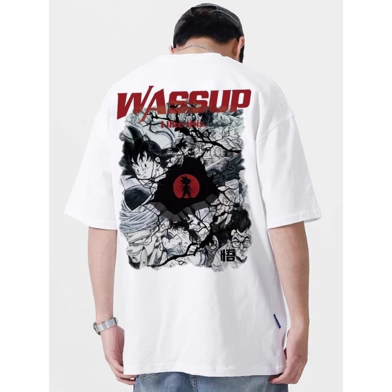 Gaya Anime Dragon Ball Kaos Lengan Pendek Leher Bulat Oversized Pola T-shirt Hitam Putih Atasan Hip 