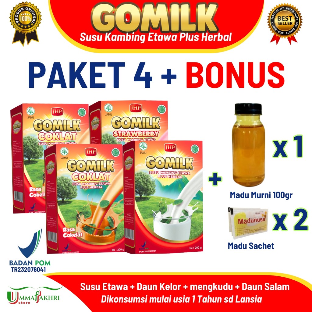 

[Gratis Madu] Gomilk 4 Box Susu Kambing Etawa 200g | Herbal Daun Kelor – Nafsu Makan & Tulang Kuat