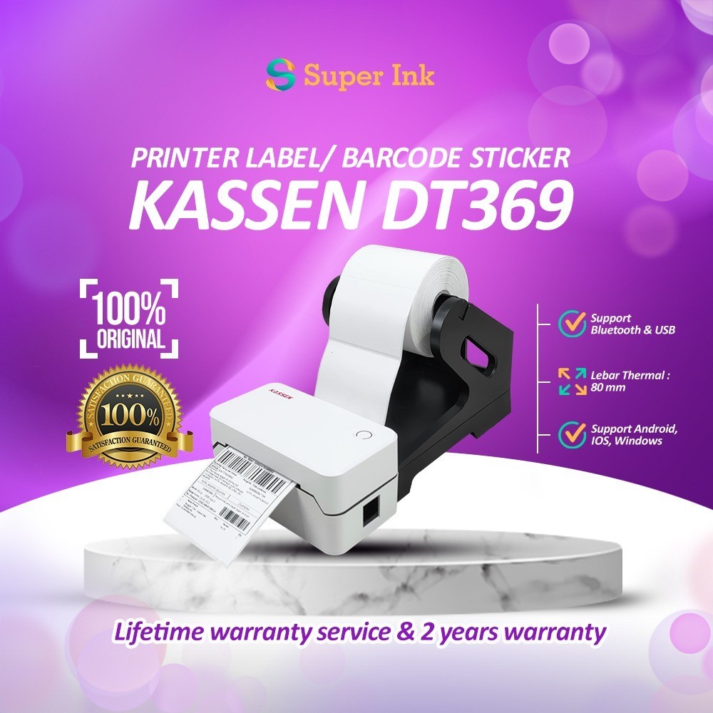 Printer Bluetooth KASSEN DT-369 Printer Label Thermal USB Bluetooth 80 mm cocok untuk 78x100mm