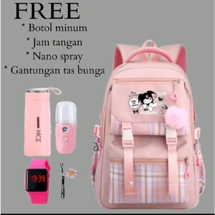 BISA COD Tas Ransel Anak Sekolah Perempuan 5 in 1 "KUROMI CUTE" Free Botol Minum+Jam Led+Nano Sprai+
