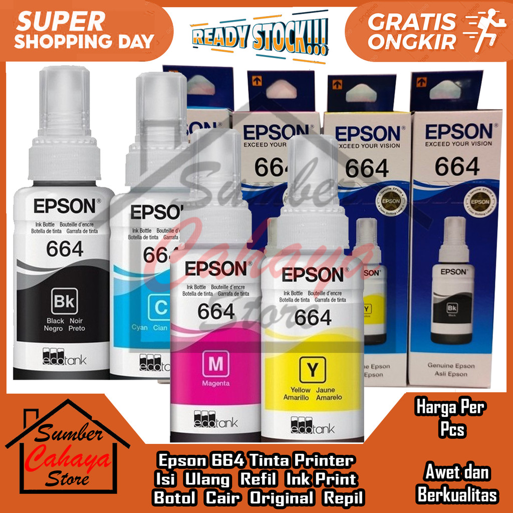 Epson Tinta Original 664 1 Set Ink Refill  Printer L100 L110 L120 L130 L220 L222 L360 L310 T664 Kuni