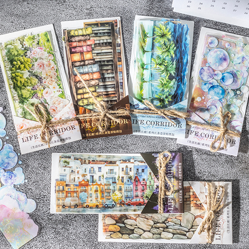 

60Pcs/bag Life Gallery Series Long Strip Landscaping Stickers Stationery Stickers DIY Handbook Stickers Gift Gifts Crafts