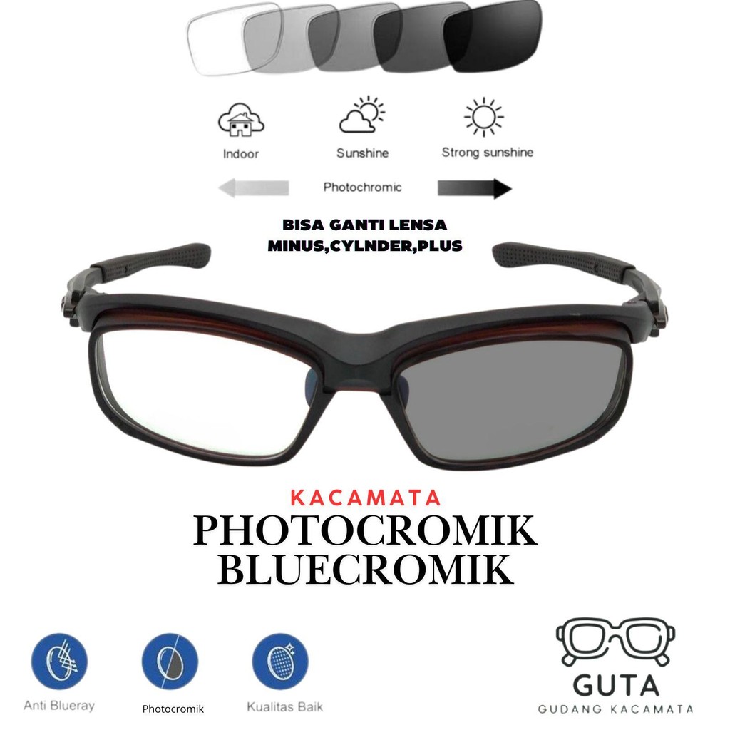 Frame Kacamata Pria Sporty Nike 7406 Photocromik Bluecromik Paket Lensa Minus Plus Anti Radiasi Anti