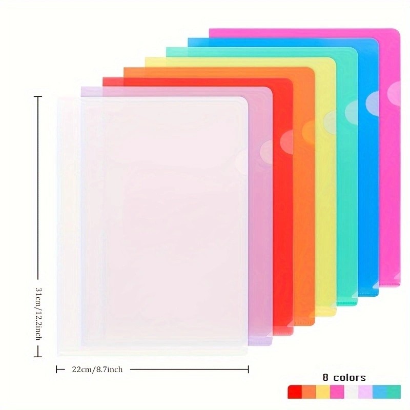 

8pcs Clear Document Folder L-Type Plastic Folder Copy Safe Project Pocket US Letter/ A4 Size in Transparent Color File Organizer
