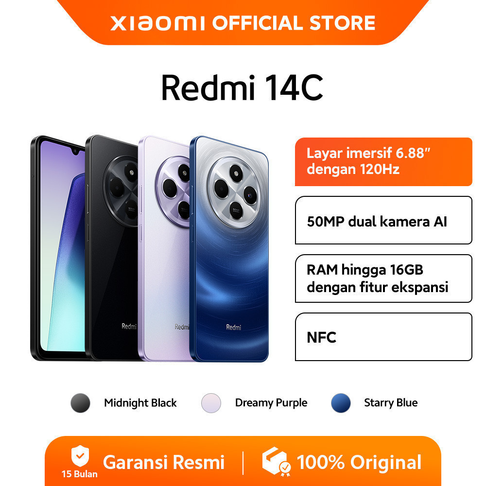 Xiaomi Redmi 14C (6GB/128GB) (8GB/256GB) | Layar 6.88" | Refresh rate 120 Hz | 50 MP dual kamera AI 