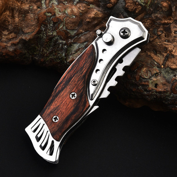 Pisau Lipat Outdoor Pegangan Motif Kayu Knife Stainless Pocket Premium