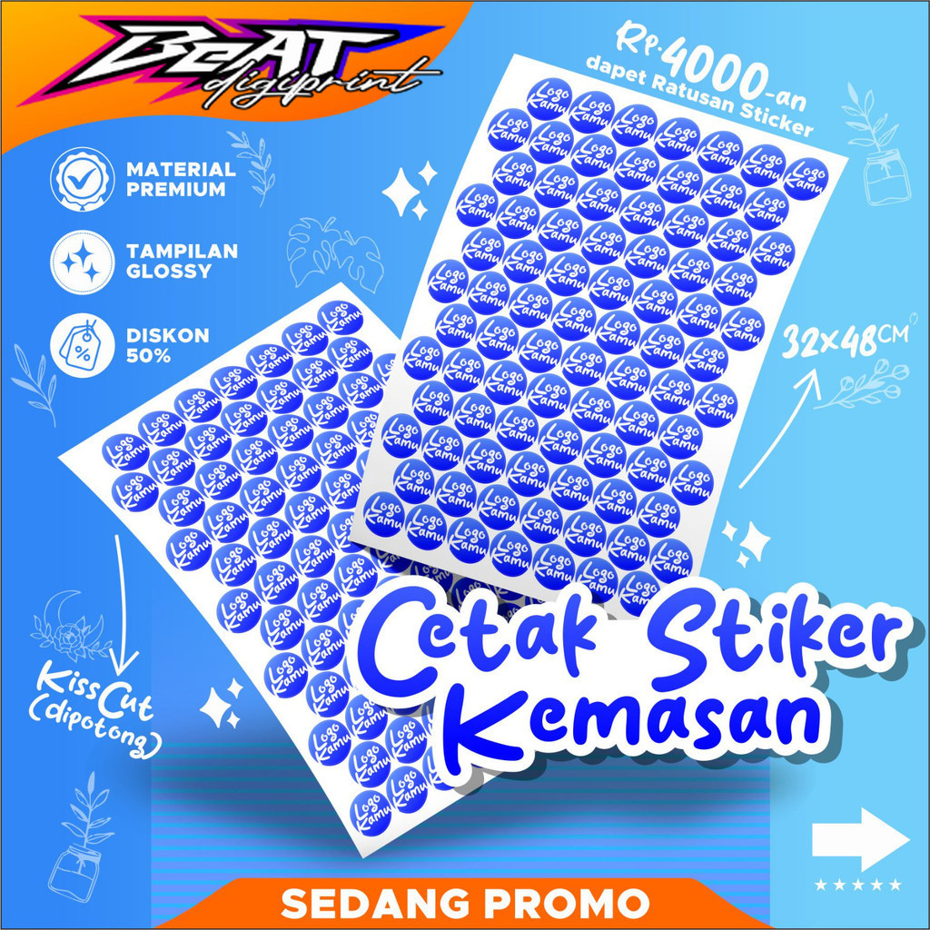 

Cetak Sticker Custom Chromo A3+ Gratis Cutting | Stiker Label Kemasan | Sticker Logo LEBEL LOGO BULAT DAN KOTAK