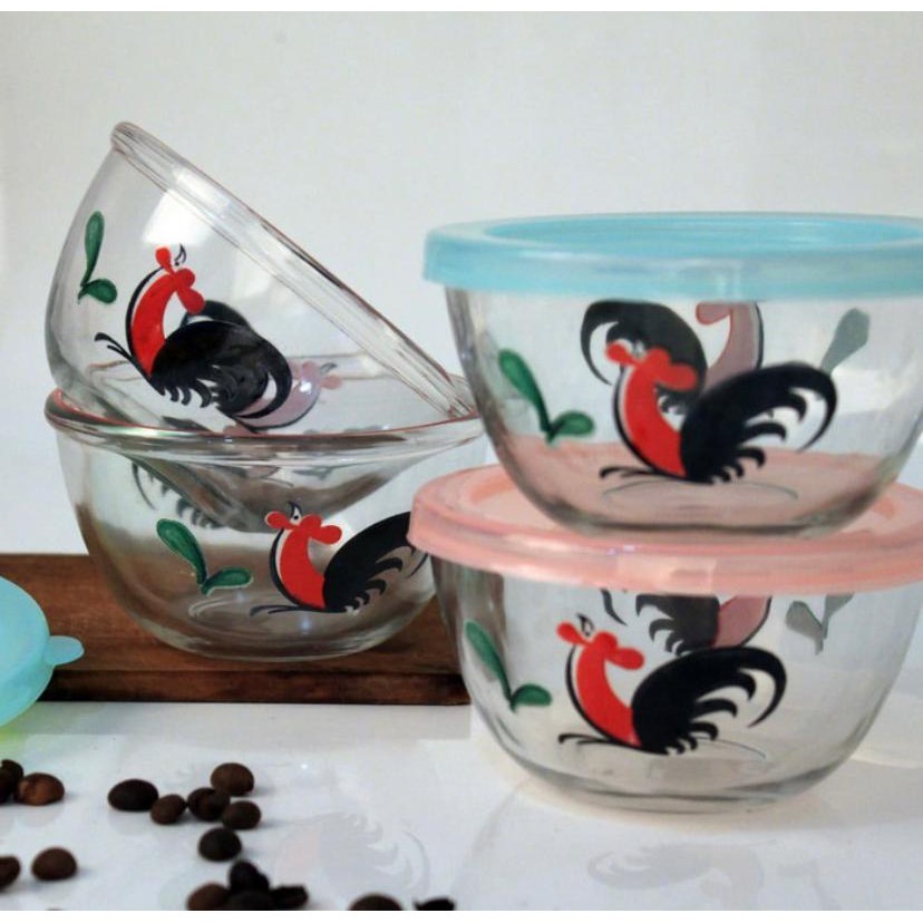 MangkukAyam15cm-Tutup / Mangkuk Kaca Tebal Motif Ayam / Mangkok Ayam Jago