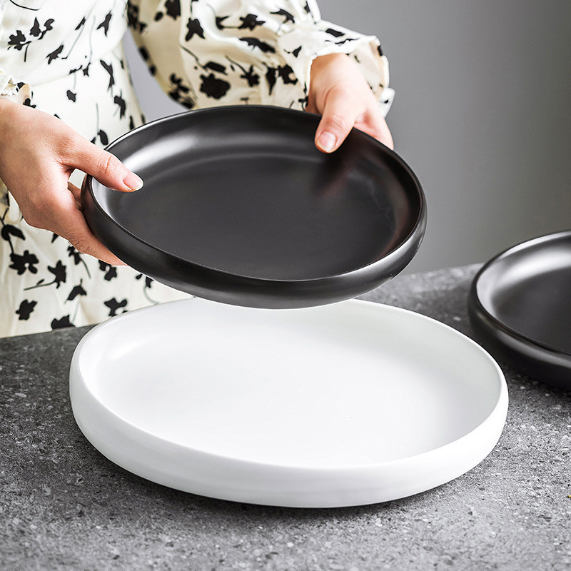 Piring Keramik Putih Hitam Bentuk Bulat Oval Unik Simple Aesthetic