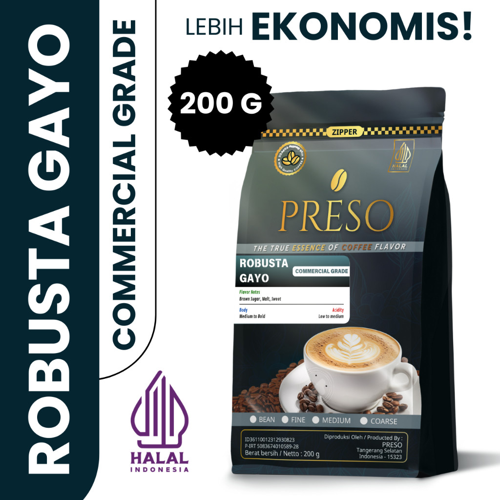 

PRESO Robusta Gayo Biji Kopi / Kopi Robusta Commercial Grade 200 Gram