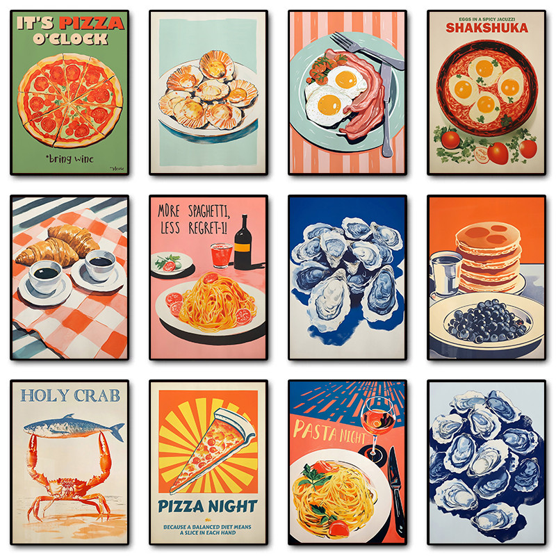 

Vintage Food Poster Eggs Bacon Spaghetti Pancakes Seafood Cheese Canvas Painting Wall Art Picture Kitchen Restaurant Home Decor