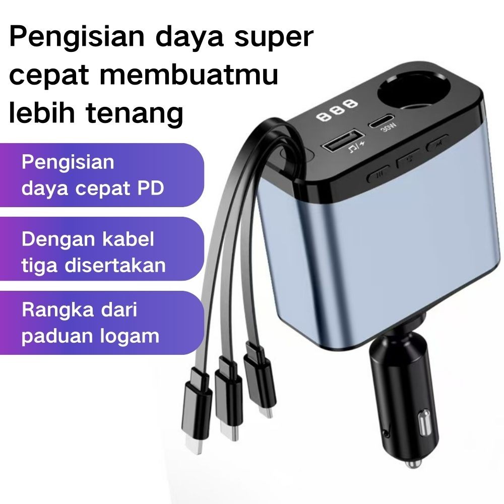 Charger Car MP3 Retractable Colokan Cable Fast Bluetooth FM Player USB Charger Mobil
