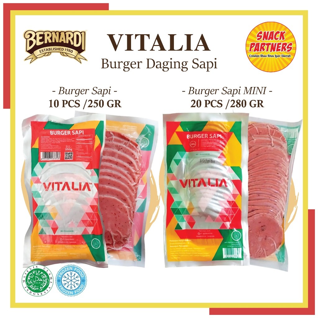 

VITALIA Beef Burger / Burger Daging Sapi 10 PCS / 250 GR | Mini 20 PCS / 280 GR BERNARDI - FROZEN FOOD - Makanan Instant Cepat Saji