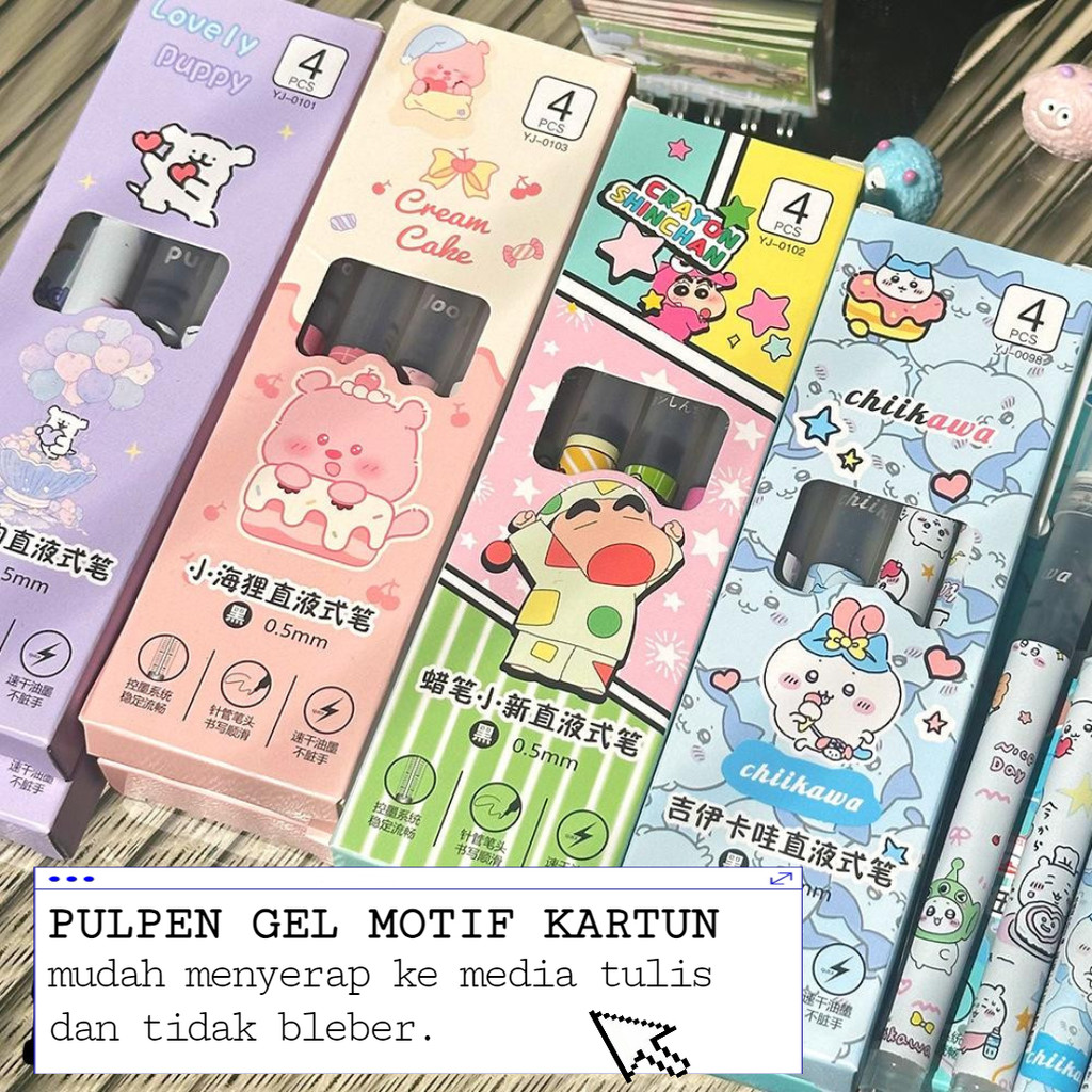 

TERMURAH PULPEN 1 SET 4 PCS TIP 0,5 MM MOTIF LABUBU, SHINCHAN, CHIIKAWA DLL TINTA HITAM MUDAH DIATUR