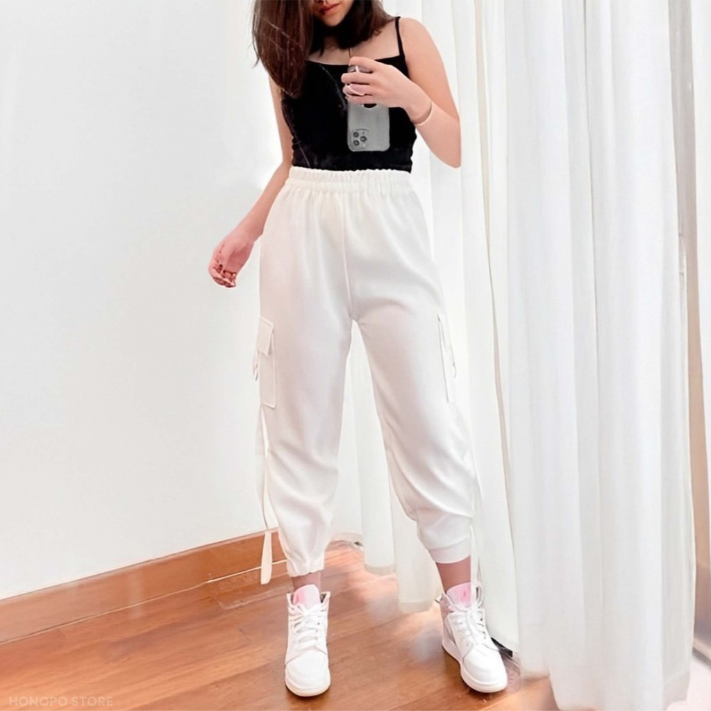 Celana Cargo Wanita Scuba Jogger Pants Hitam Putih Stretch Premium Honopo