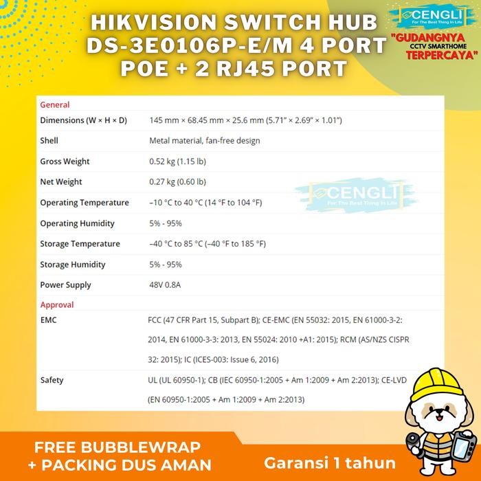 Hikvision Switch Hub POE DS-3E0106P-E/M 4 Port Poe + 2 RJ45 Port