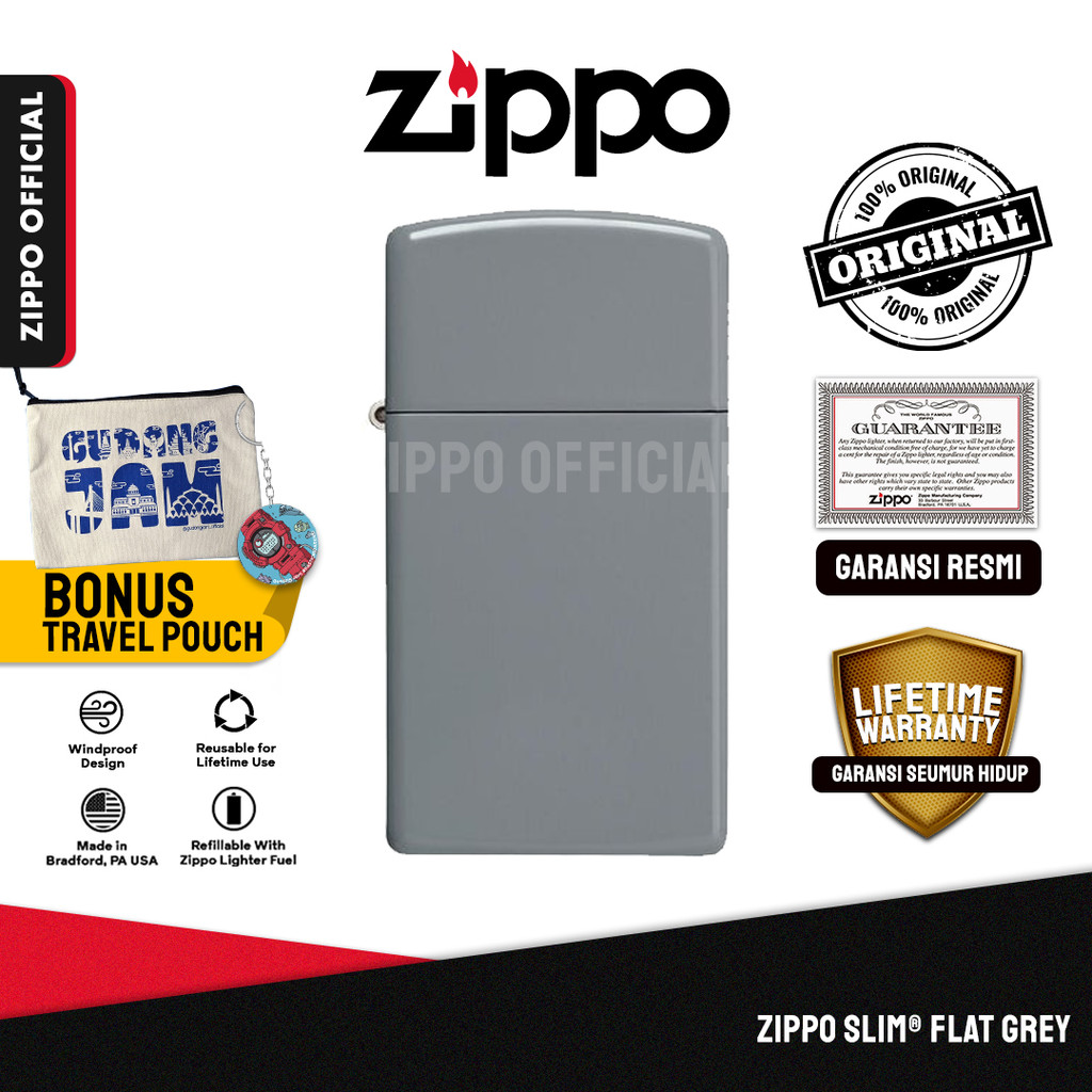 Zippo Slim Flat Grey 49527 | Garansi Lifetime | Original USA