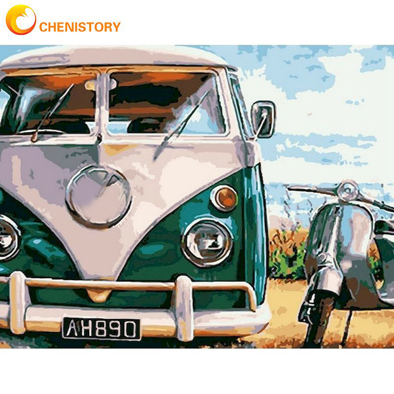 

CHENISTORY 40x50cm Frame Painting By Numbers Kits For Adults Green Bus Landscape Picture By Number Hand Painted Home Decor