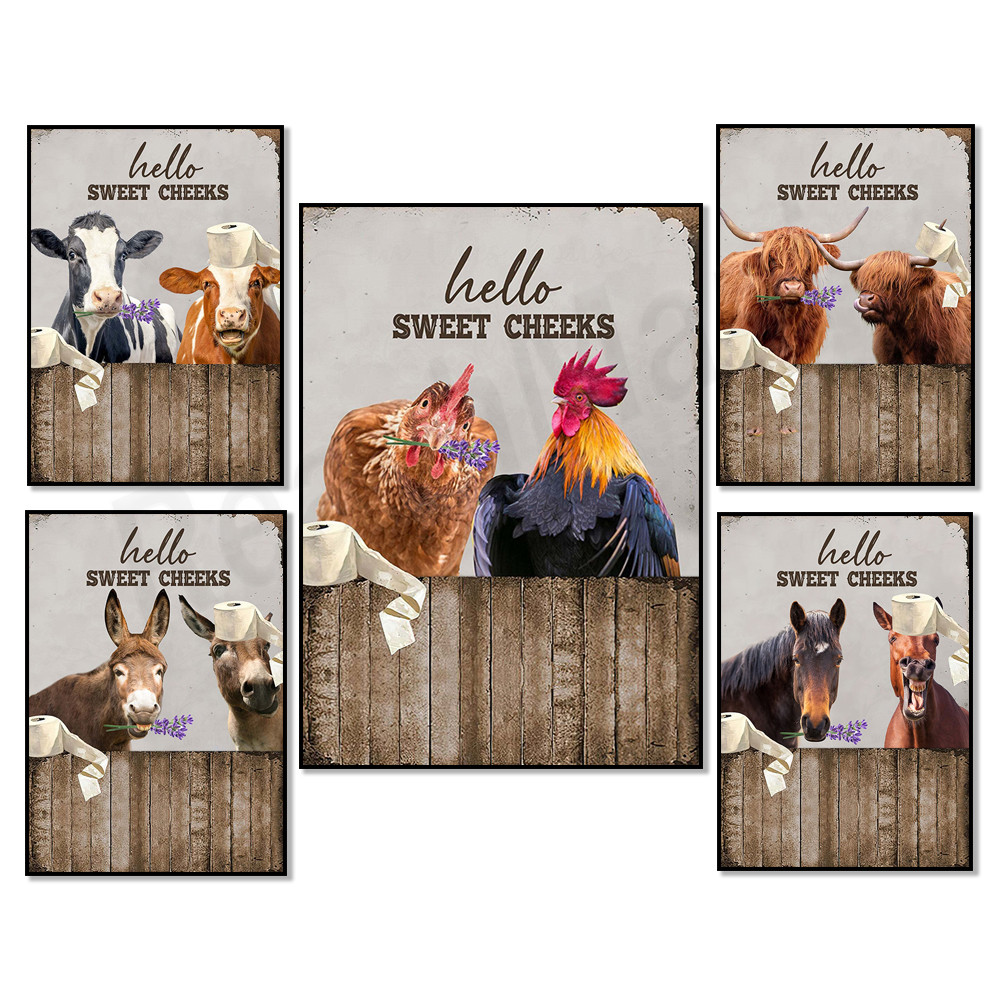 

Lavender poster, funny donkey, chicken, highland cow, horse farmhouse bathroom and lavender flower wall art, farmhouse decor