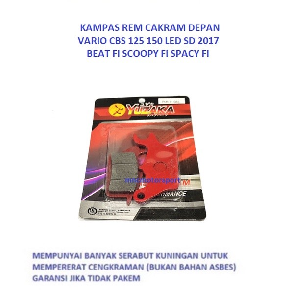 DISCPAD DISPAD KAMPAS REM DEPAN YUZAKA VARIO CBS BEAT FI VARIO 125 150 SD 2017 SCOOPY FI SPACY FI