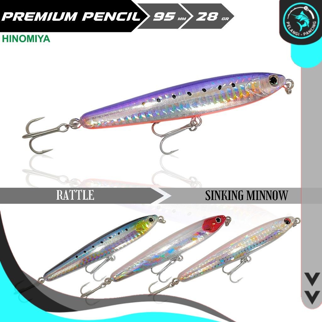 Umpan HINOMIYA Premium Pencil Sinking Minnow Lure 9,5cm 28gr Mancing GT Tengiri - Pelangi pancing