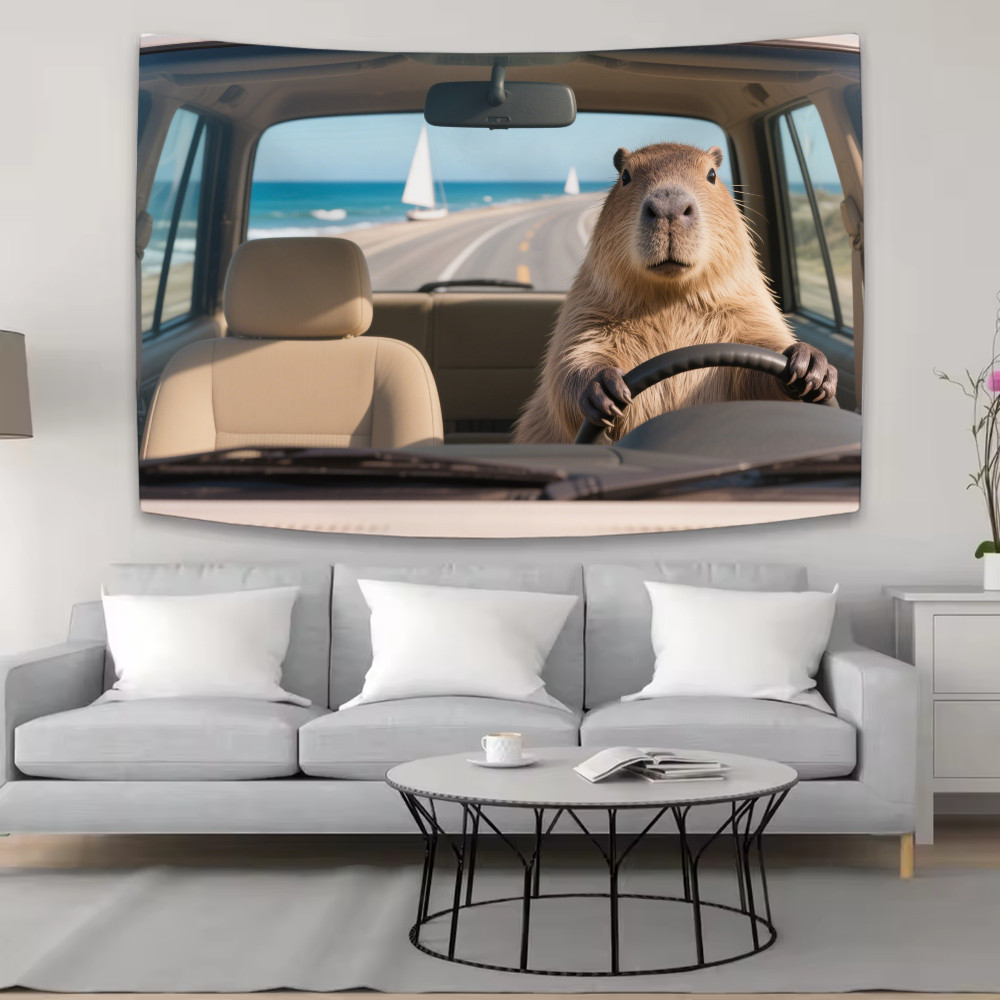 

Funny Capybara Driving Cute Tapestry Background Hanging Cloth Bedroom Tapestry Room Decor Aesthetic Tapestry Wall Hanging Party