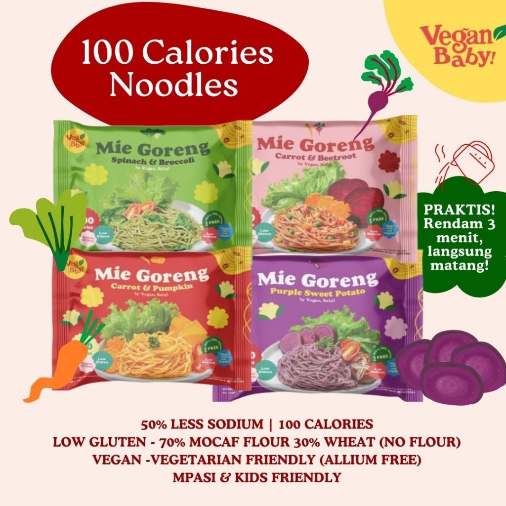 

[Small 35g] 4Pcs Mie Goreng 100 Kalori MIX Varian (BayamBrokoli, WortelBit, WortelPumpkin, UbiUngu)