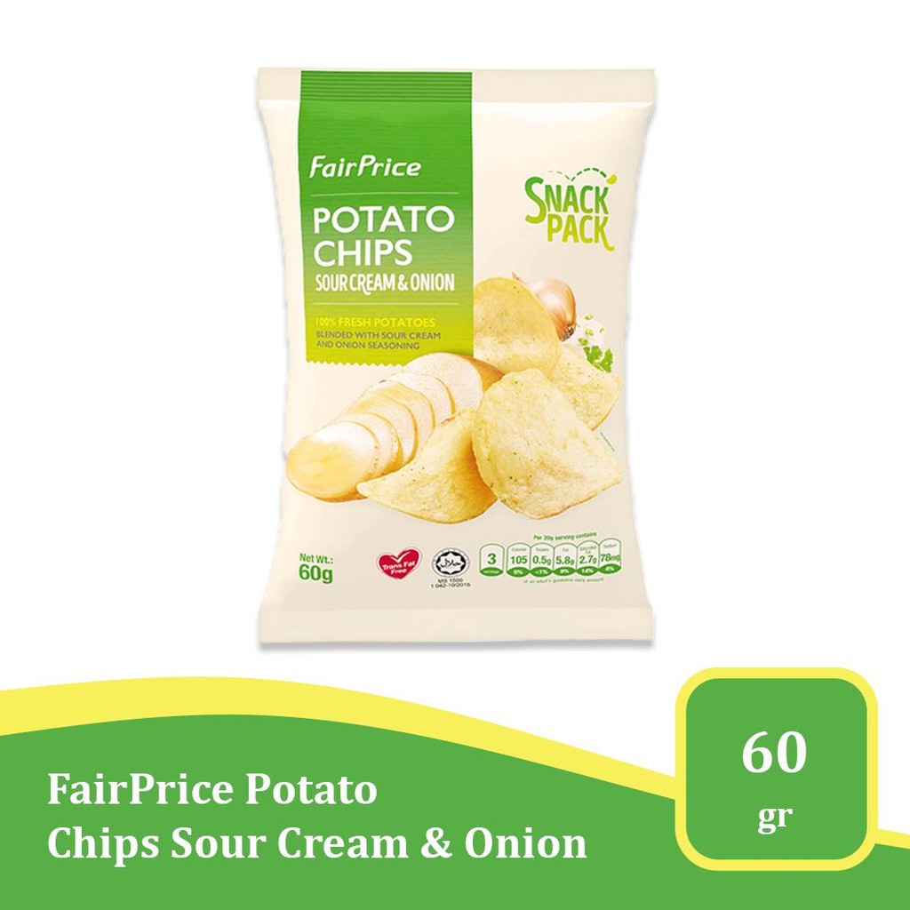 

FairPrice Potato Chips Sour Cream & Onion 60g – Keripik Kentang Gurih Import USA