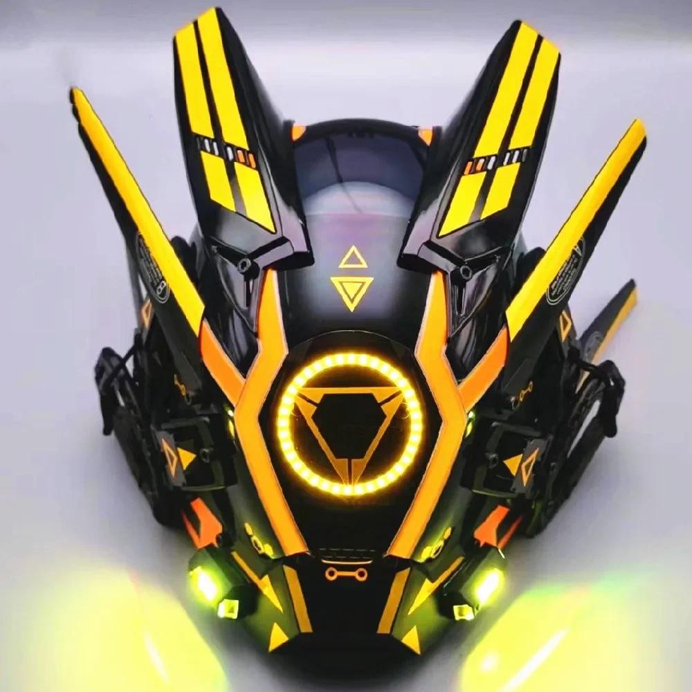 Cyberpunk Mask, Halloween Cosplay Costume Black Full Face Mask, Futuristic Techwear Helmet LED Light