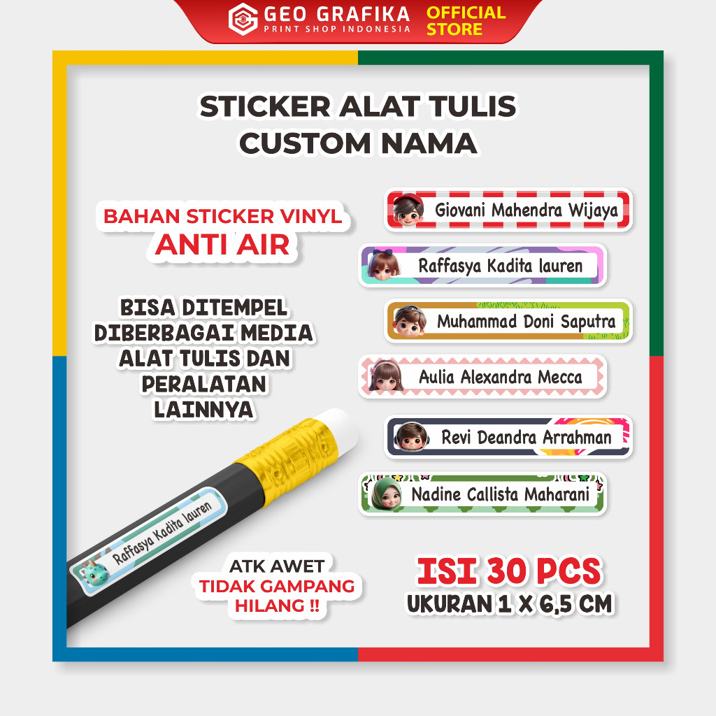 

Stiker Nama Alat Tulis Anak Waterproof Anti Air Isi 30 pcs - Geo Grafika Print Shop